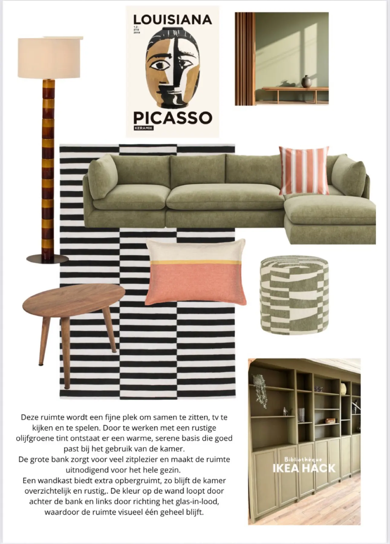 Moodboard voor een zithoek met olijfgroene bank en gestreept vloerkleed
